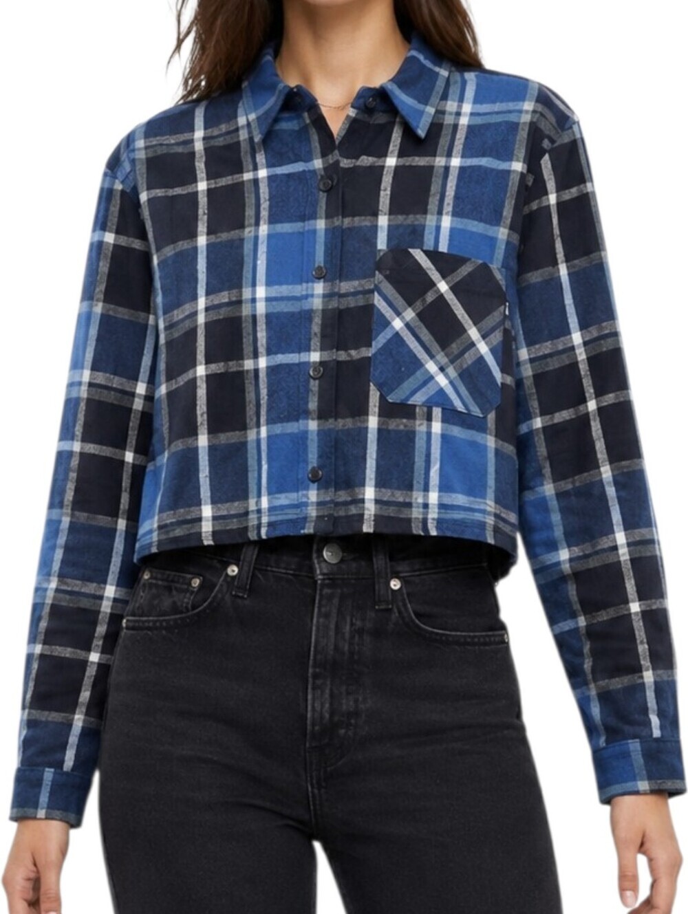 Aritzia TNA Plaid Flannel Shirt XS Black Blue Cropped 90s